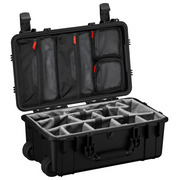Durable 22-inch waterproof hard case with customizable foam interior and organized compartments for camera gear storage.