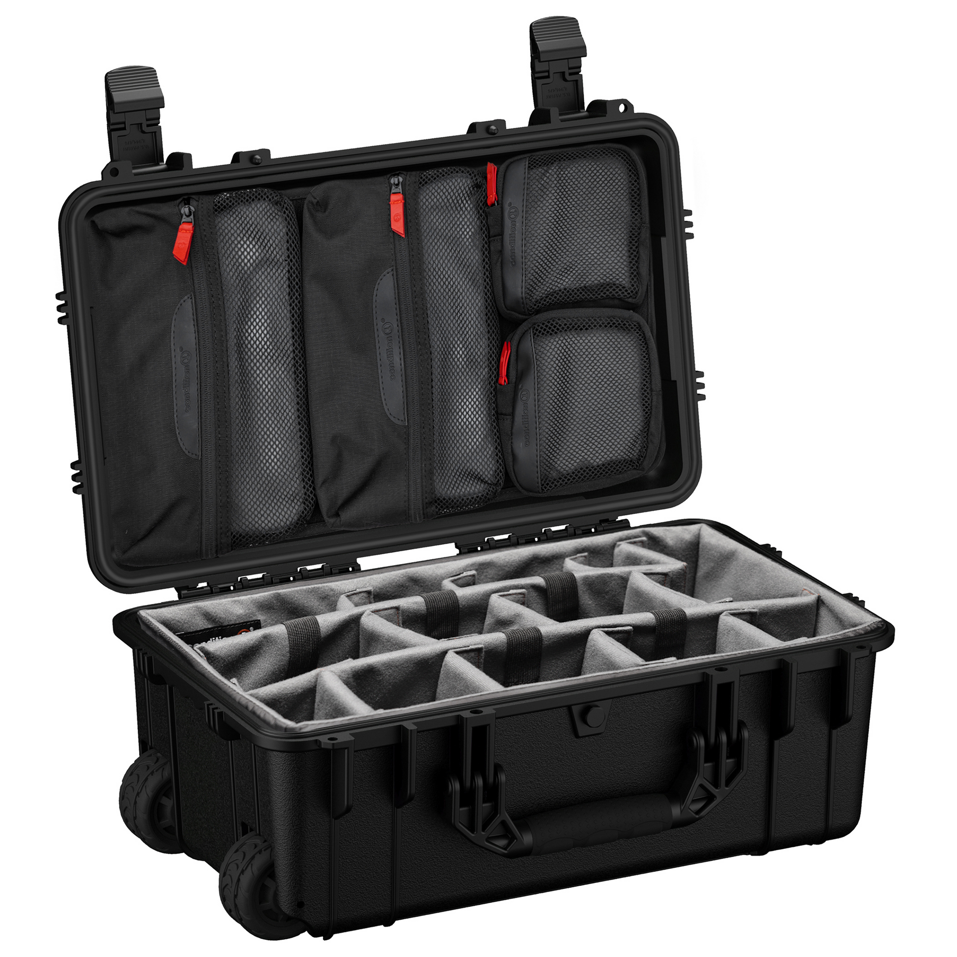Durable 22-inch waterproof hard case with customizable foam interior and organized compartments for camera gear storage.