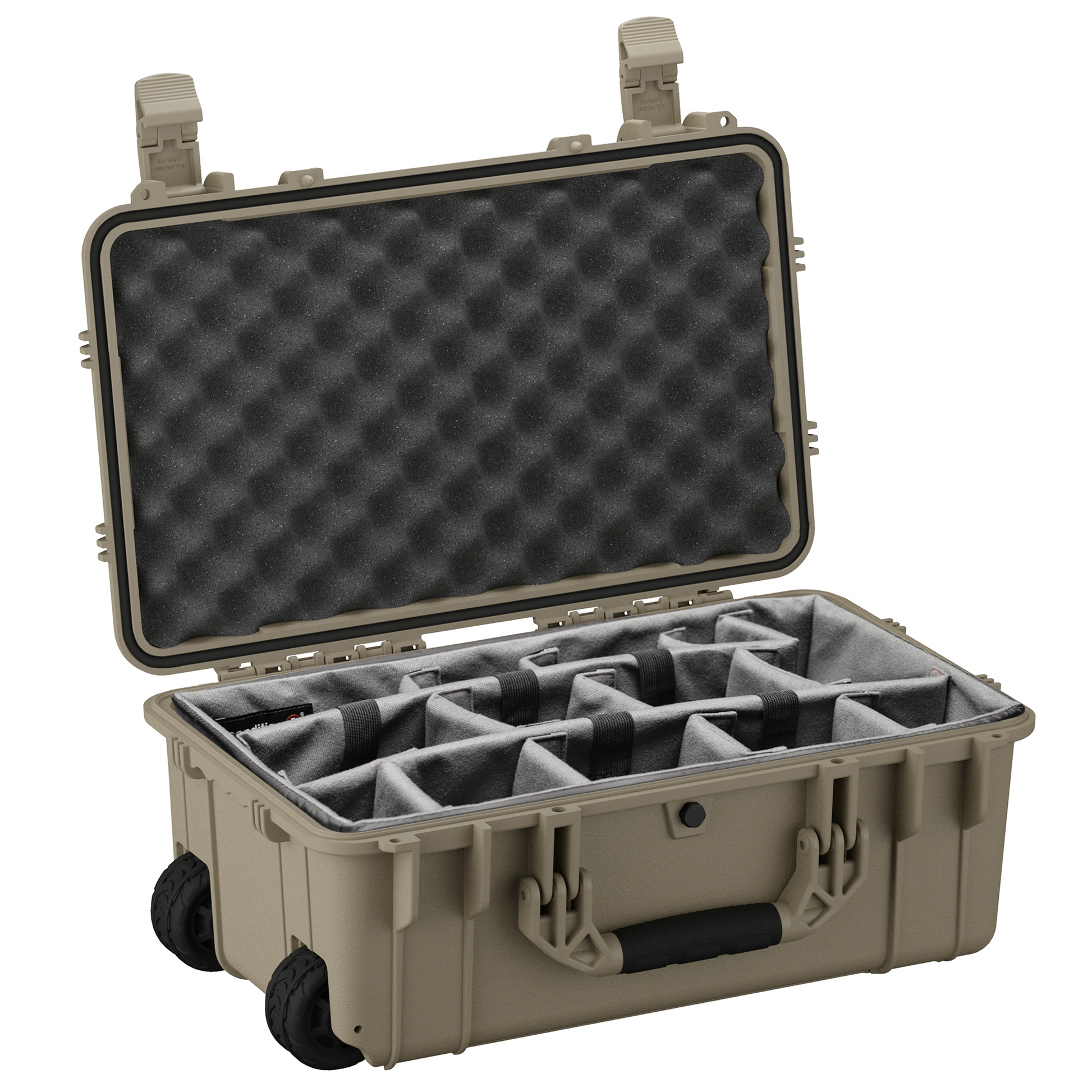 22-inch waterproof camera hard case with customizable foam interior and wheels for easy transport and protection.