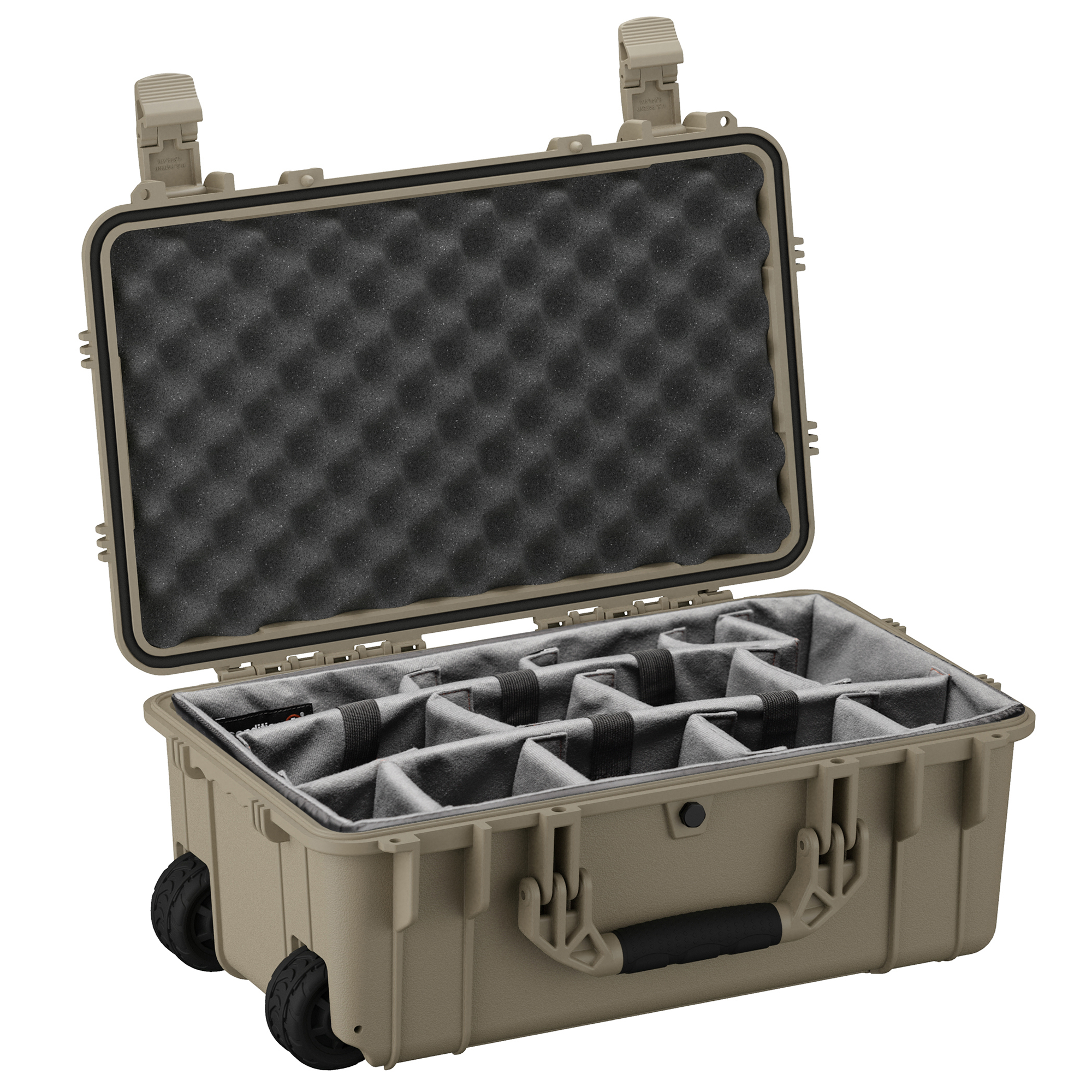 22-inch waterproof camera hard case with customizable foam interior and wheels for easy transport and protection.