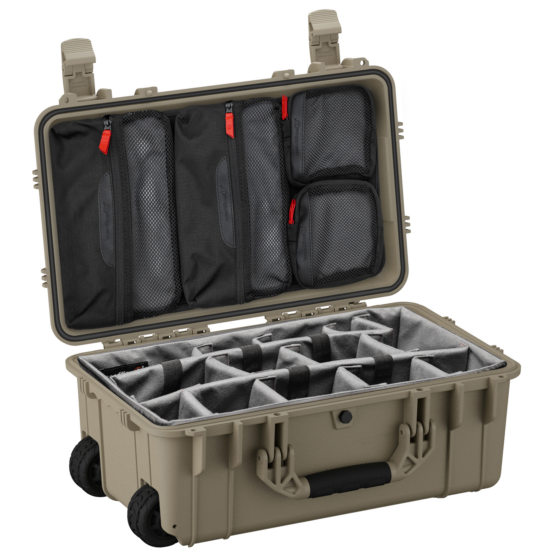 22-inch waterproof camera hard case with customizable foam interior and organized mesh pockets for secure gear storage.
