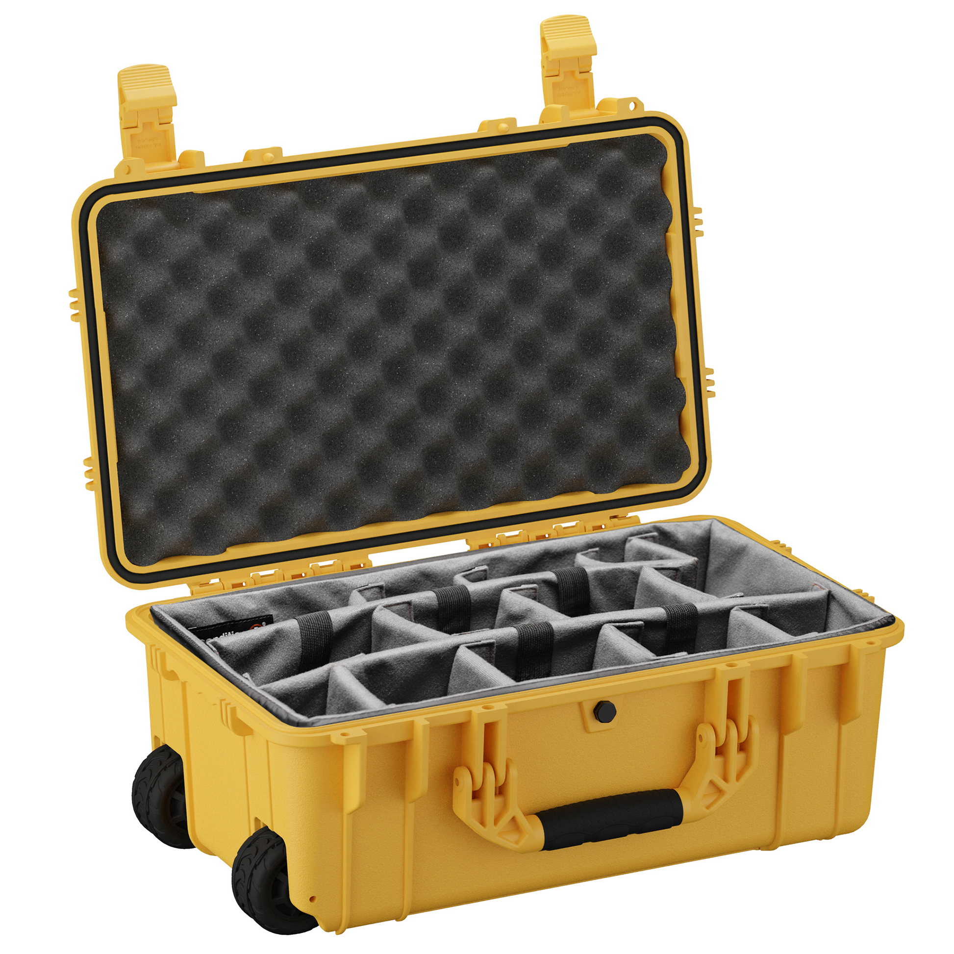 Durable 22-inch waterproof camera hard case with customizable foam interior and wheels for easy transport.