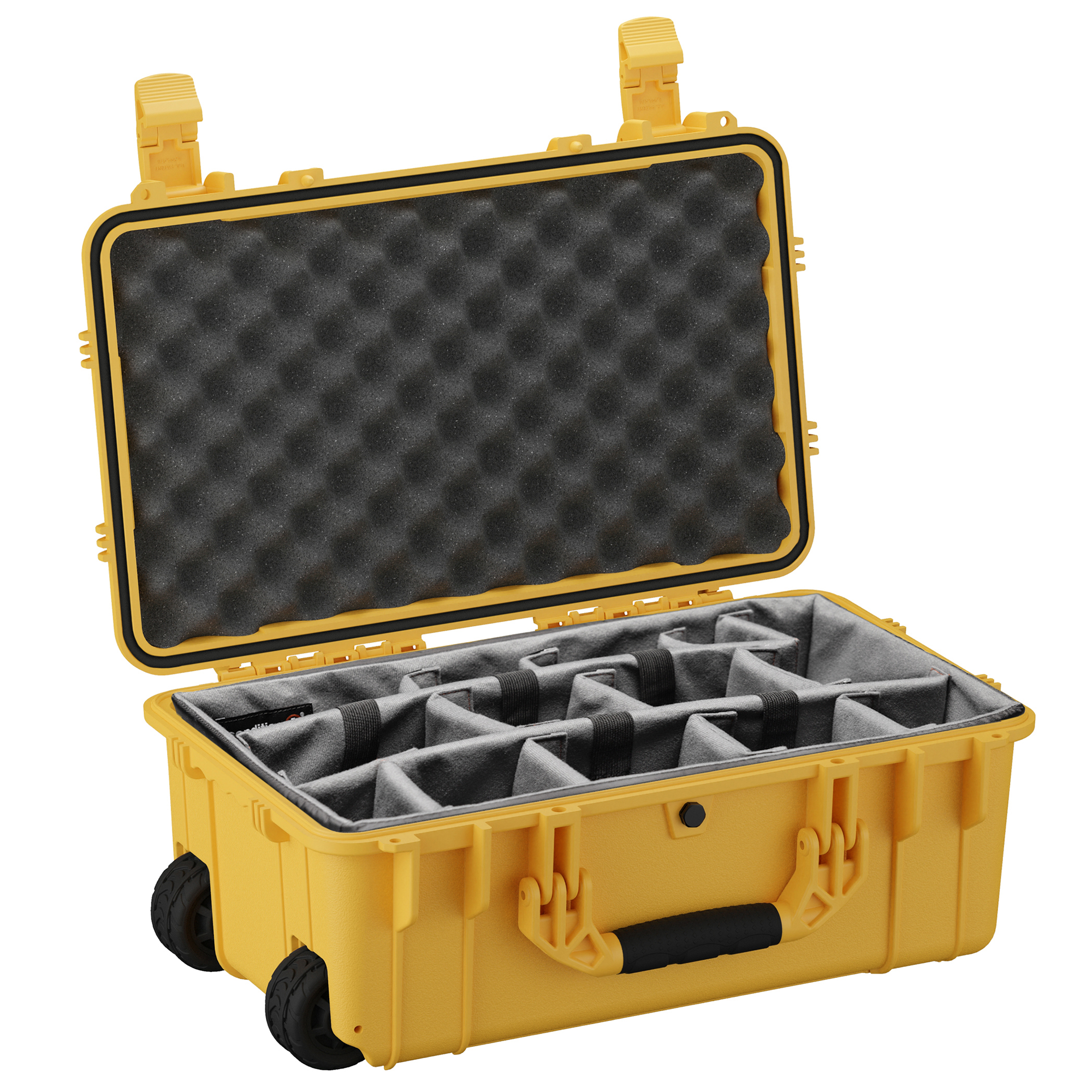Durable 22-inch waterproof camera hard case with customizable foam interior and wheels for easy transport.