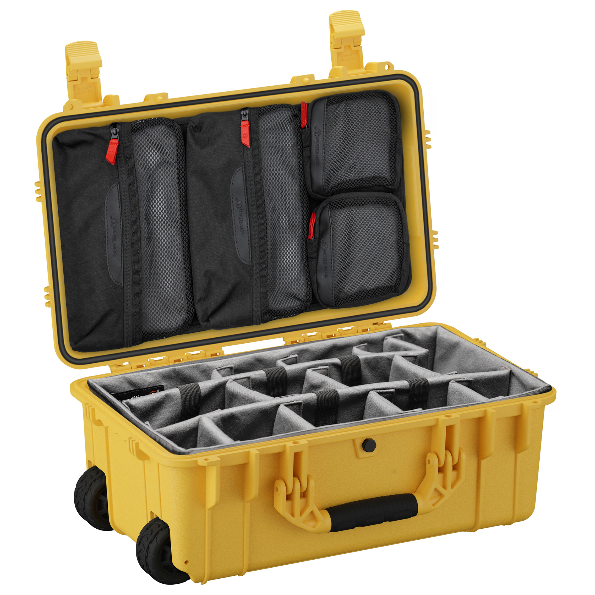 Durable 22-inch waterproof hard case with customizable foam inserts and organized compartments for camera gear storage.