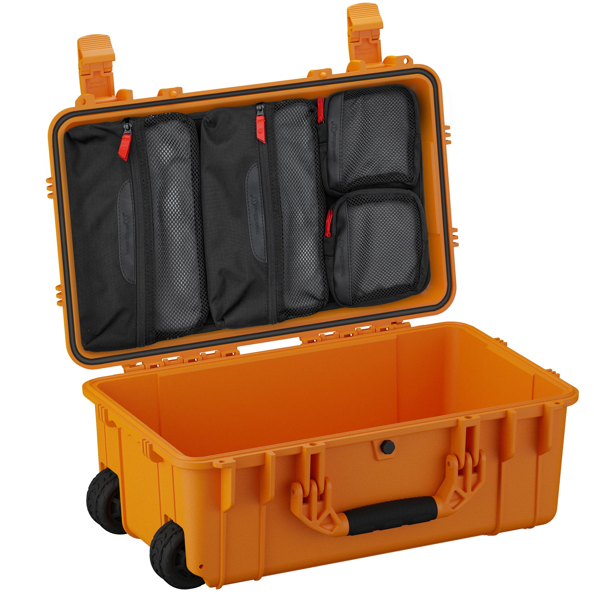 Alt text: Open 22-inch large orange protective case with lid organizer featuring multiple zippered mesh pockets, displayed next to its durable, deep orange base with rugged wheels and sturdy handles.