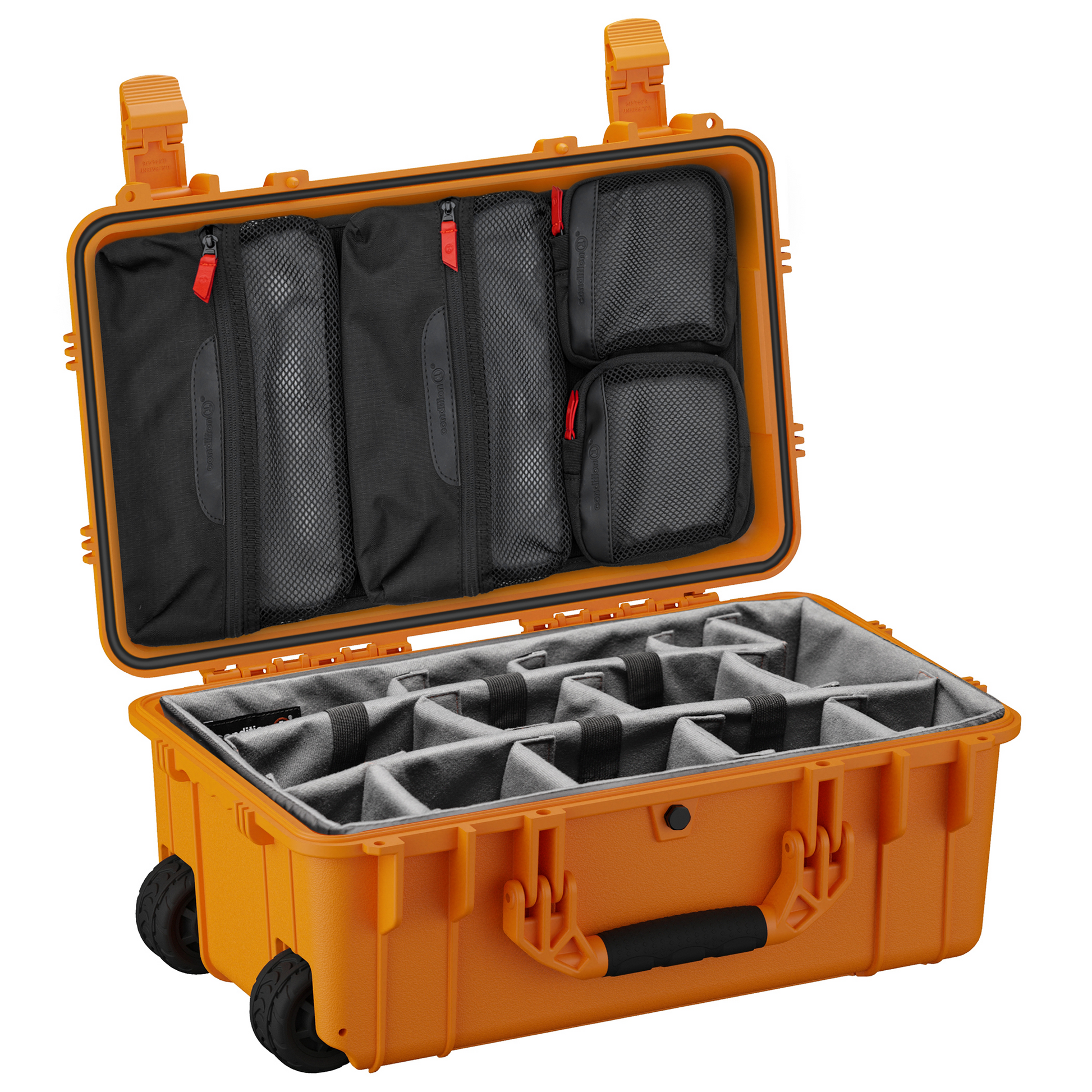 Durable 22-inch waterproof hard case with customizable foam interior and organized compartments for camera gear storage.