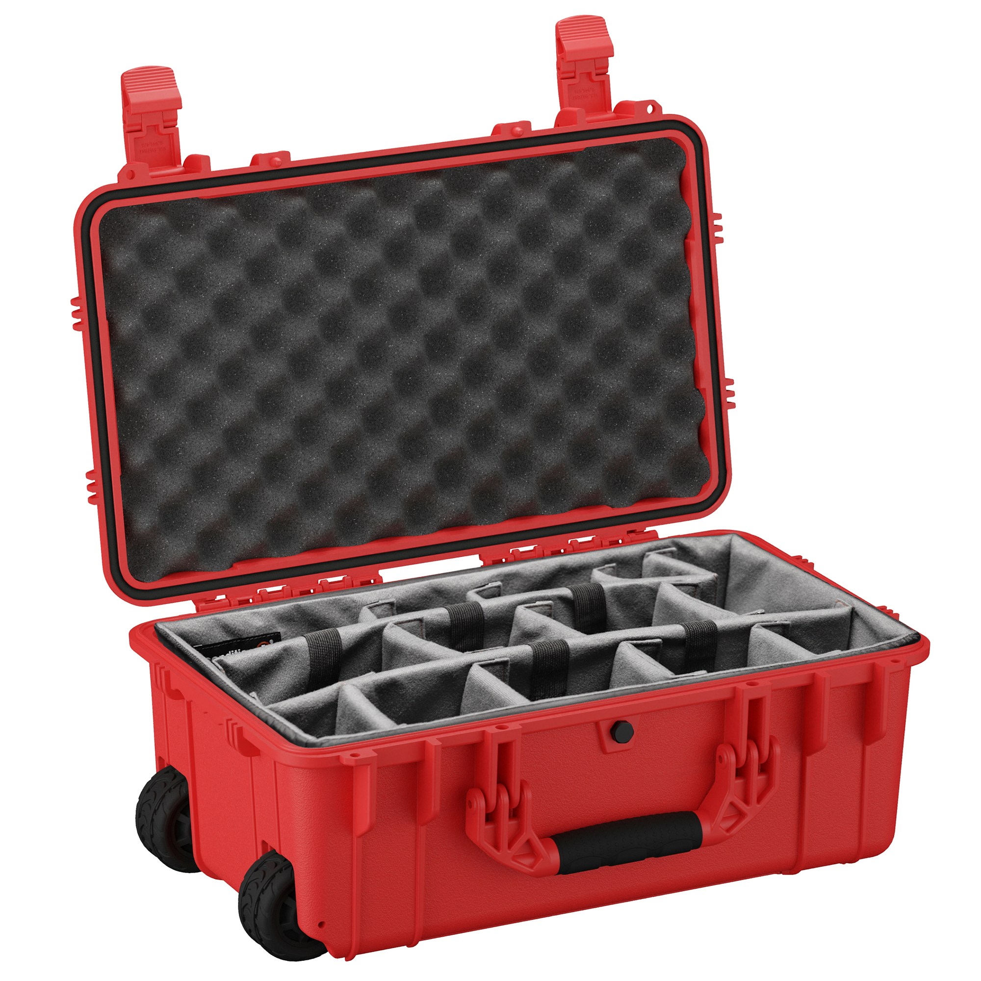 Durable 22-inch waterproof camera hard case with customizable foam interior and wheels for easy transport.
