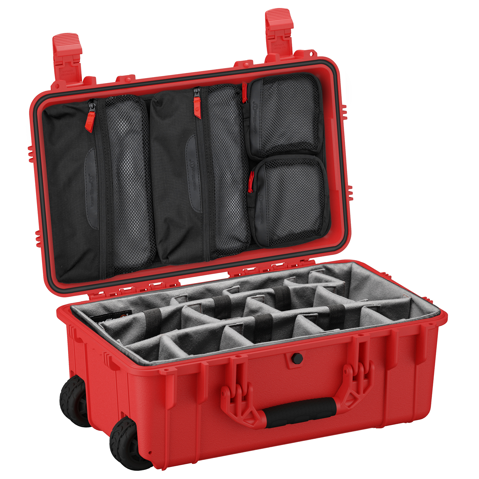 Durable 22-inch waterproof camera hard case with customizable foam interior and organized storage compartments.