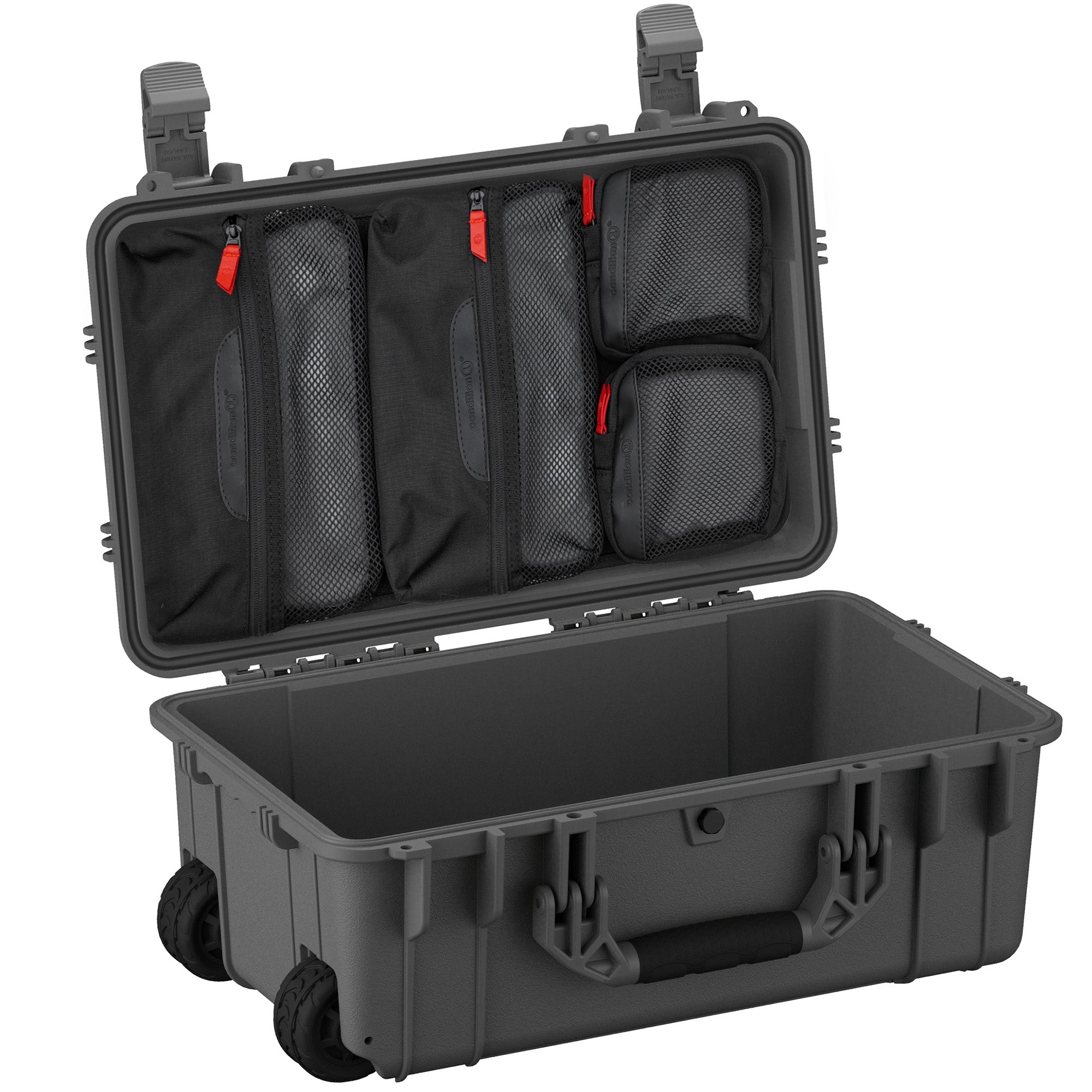 Alt text: "22-inch large rugged storage case, model #300, featuring a lid organizer with multiple zippered compartments made of black mesh with red zipper pulls. The case is shown open with a durable grey exterior and sturdy black handles and latches