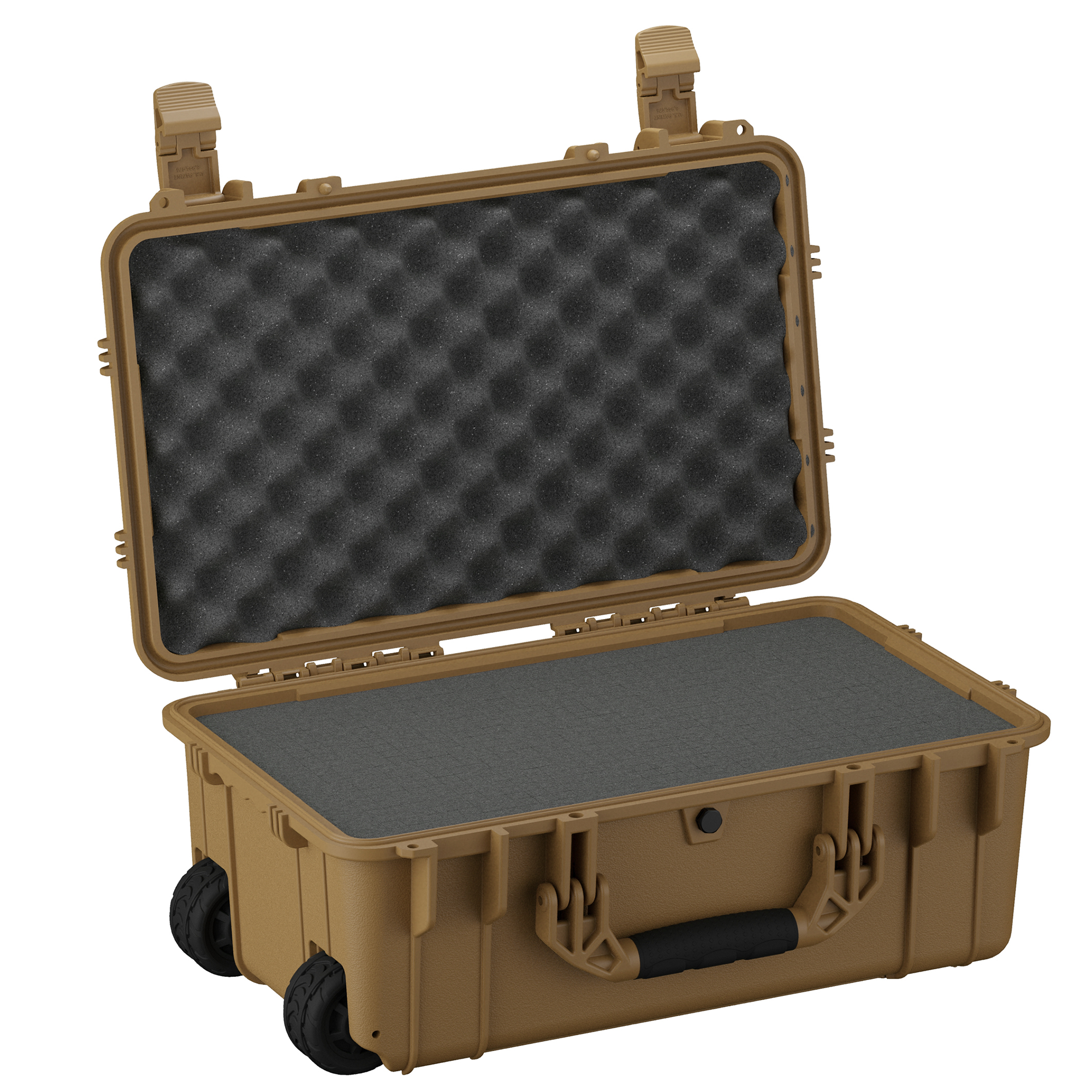 Large 22-inch hard case with an open lid, featuring foam padding and wheels for easy transport, ideal for protecting gear.