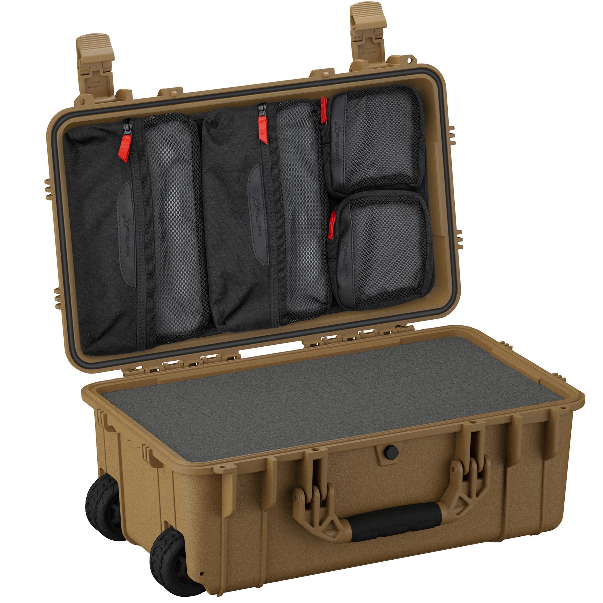Alt text: "22-inch Large Case #300 in brown with lid organizer open, displaying multiple mesh pockets with red zippers on black fabric lining, and a wheeled base with rugged handles."