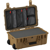 Alt text: "22-inch Large Case #300 in brown with lid organizer open, displaying multiple mesh pockets with red zippers on black fabric lining, and a wheeled base with rugged handles."