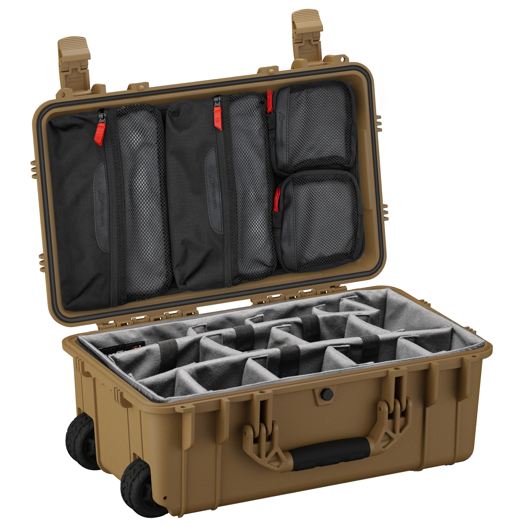 22-inch waterproof camera hard case with customizable foam interior and organized mesh pockets for secure storage.