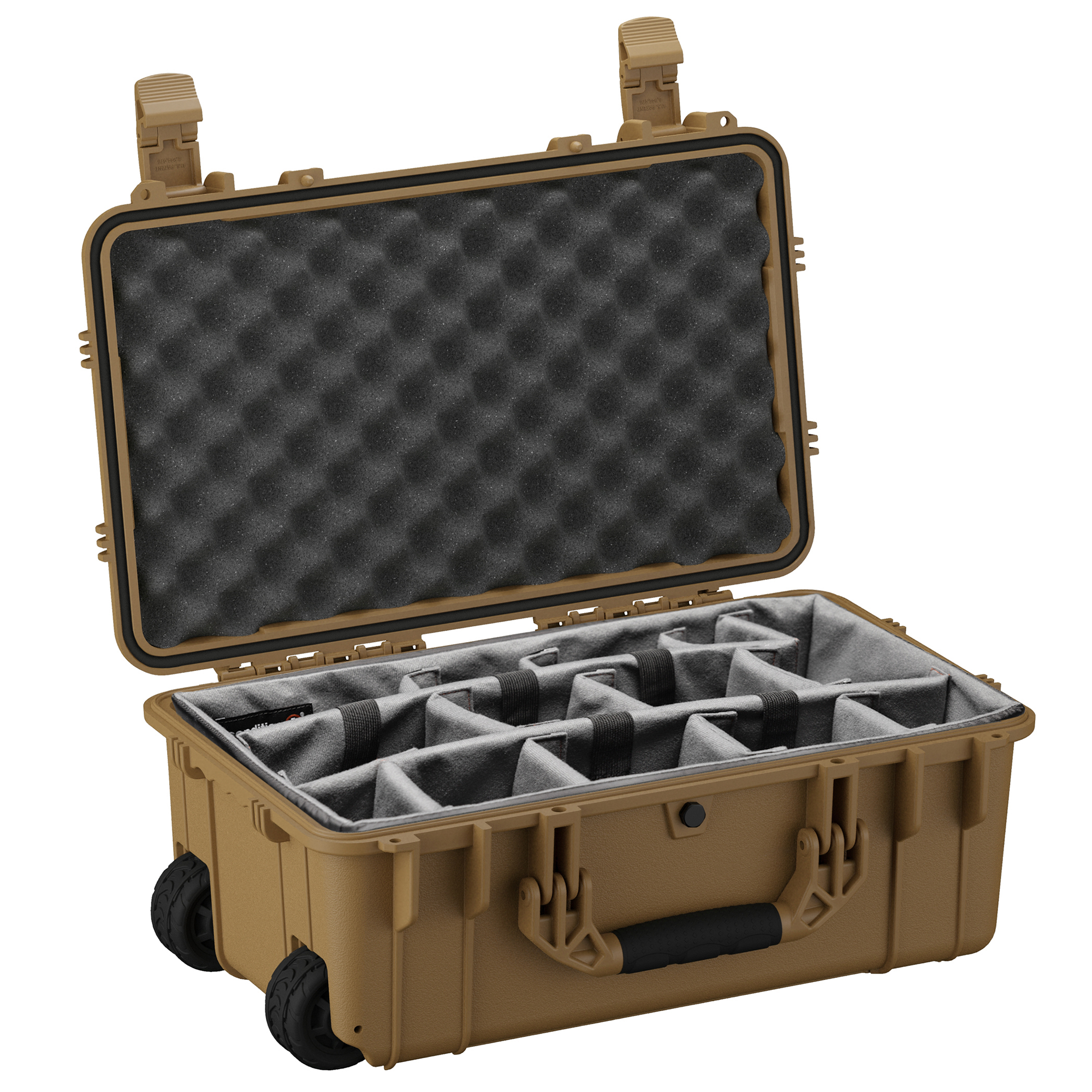 Durable 22-inch waterproof camera hard case with customizable foam interior and wheels for easy transport.