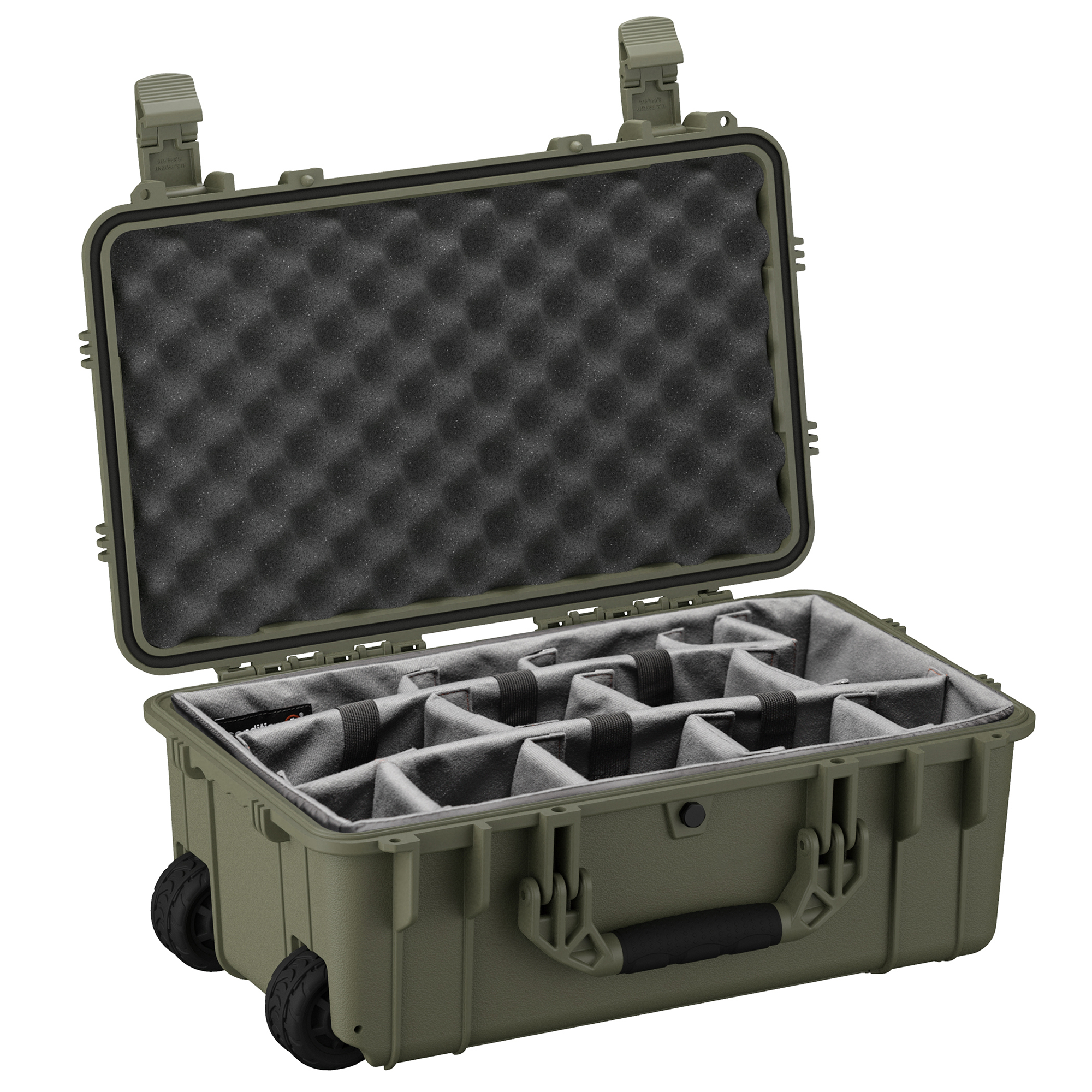 Durable 22-inch waterproof camera hard case with customizable foam interior and wheels for easy transport.
