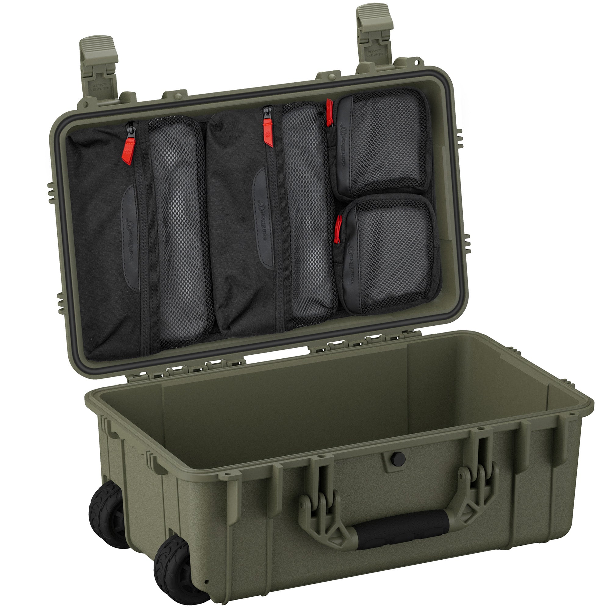 Alt Text: "22-inch large olive green protective case with lid organizer featuring multiple mesh compartments with red zipper pulls, and a sturdy handle with wheels for easy transportation."