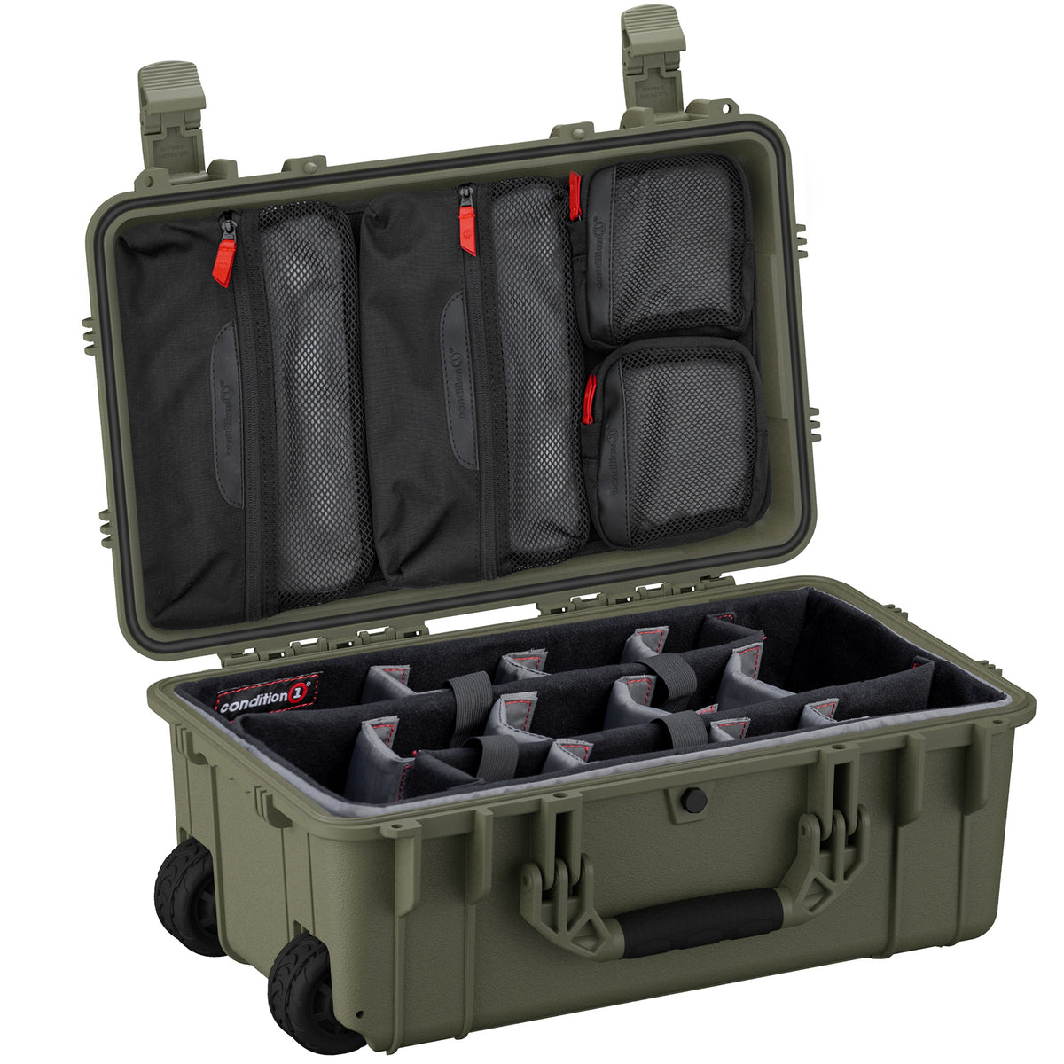 Green 22-inch large protective case with interior foam compartments and mesh zippered storage pouches for organization.