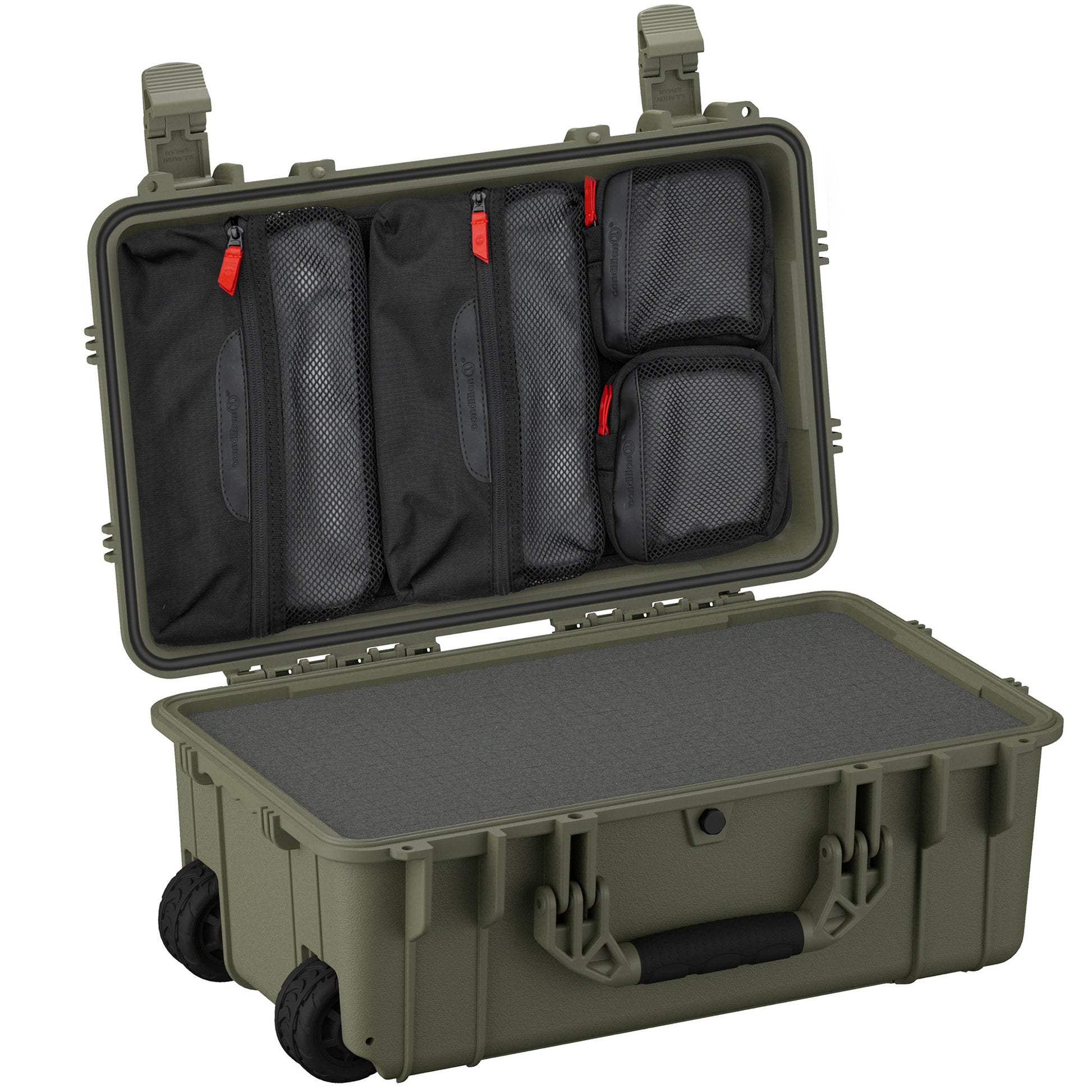 22" large olive green hard case with wheels and multiple handles, opened to display lid organizer with several mesh compartments.