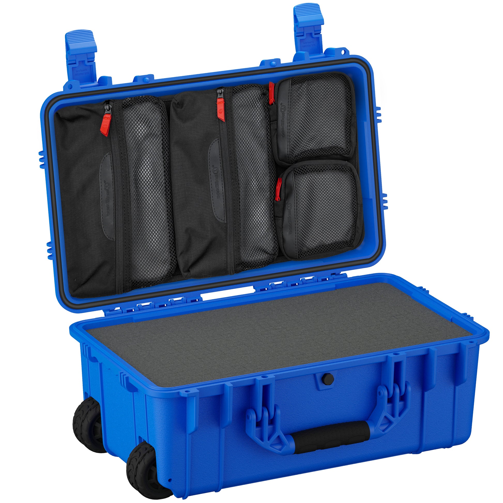 22-inch large blue protective case with wheels and a black handle, featuring an open lid with a built-in organizer consisting of several zippered mesh pockets.