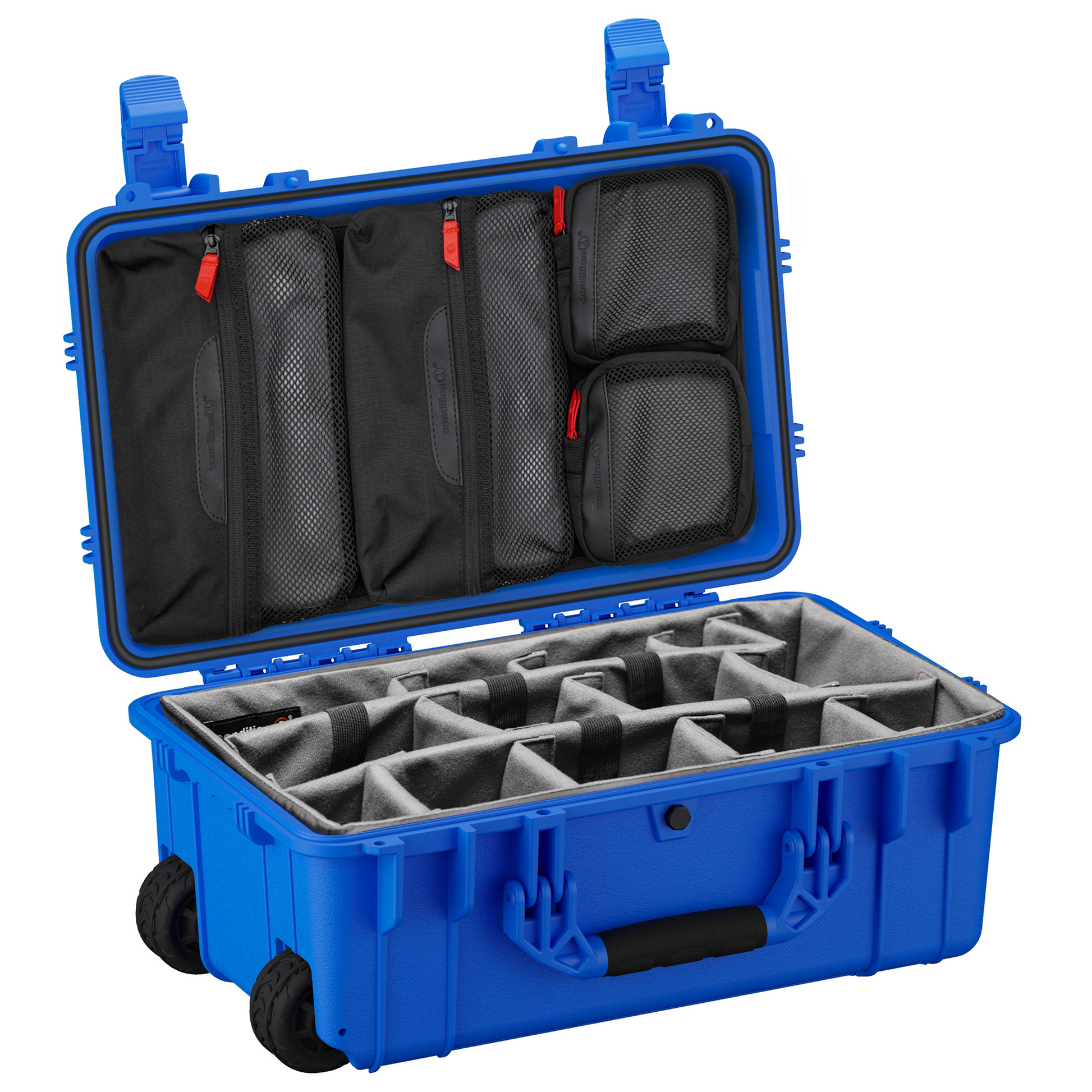Durable 22-inch waterproof camera hard case with customizable foam inserts and mesh pockets for secure storage.