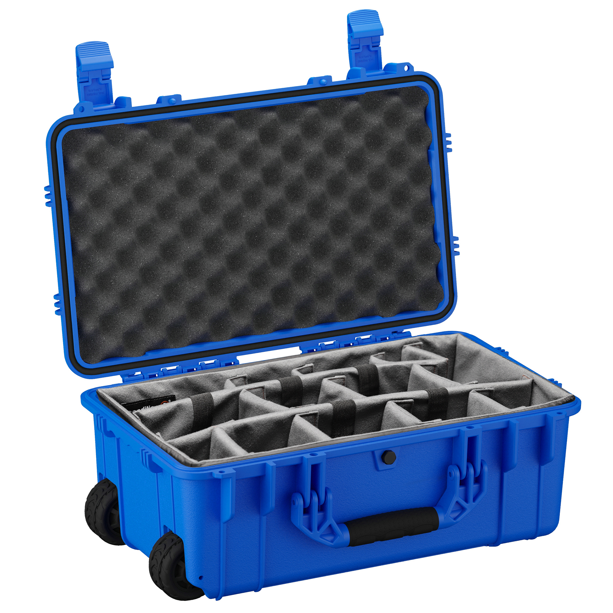 Durable 22-inch blue camera hard case with customizable foam interior and wheels for easy transport and protection.