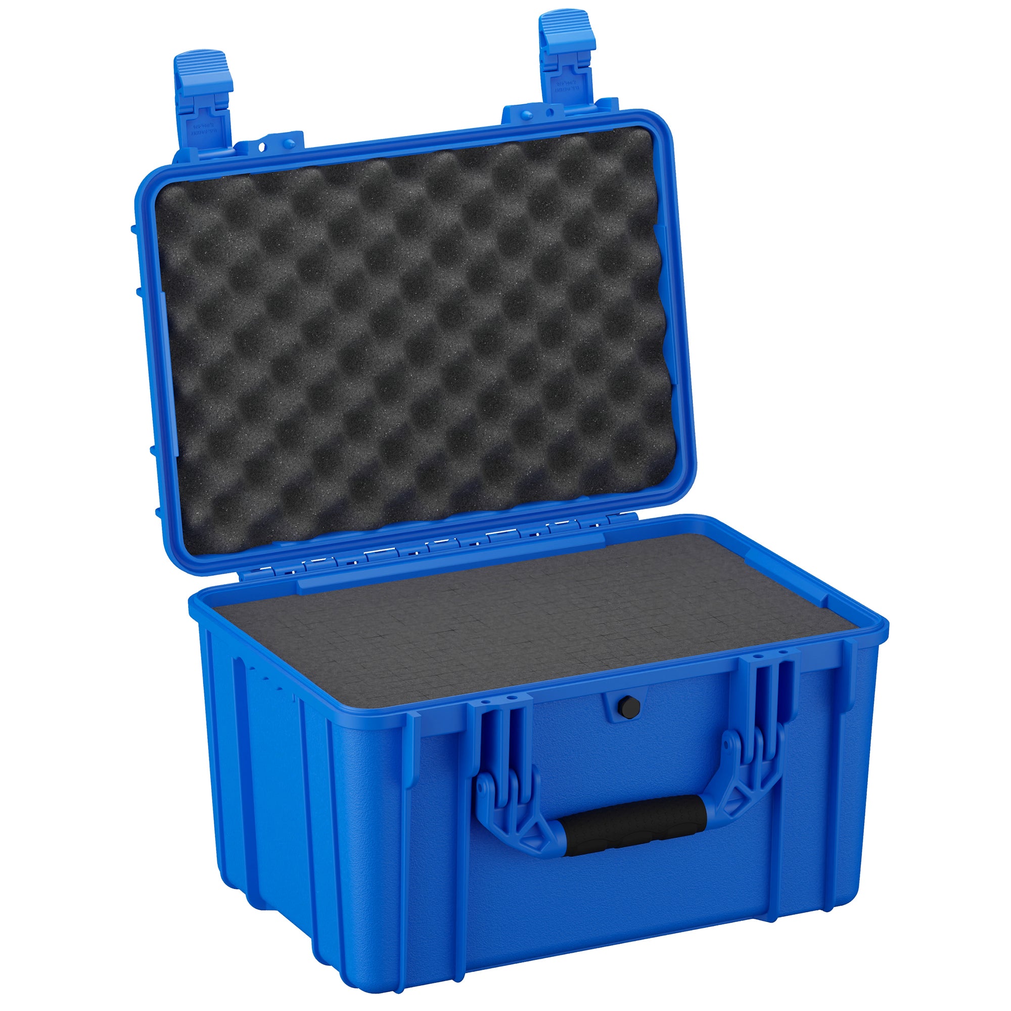 Alt text: Open bright blue rugged utility case, 18 inches medium size Case #997, with foam padding on the inside of the lid and bottom for protection, featuring sturdy handles and secure latches.