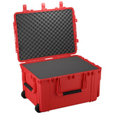 Red 33-inch large protective case with sturdy wheels and handles, featuring foam inserts for shock absorption, open displaying a dual-layered foam interior.