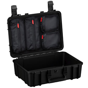 Alt text: "Black 18-inch medium hard case, model 801, open to reveal inner lid with organized mesh pockets and central zipper compartments, standing beside its empty deep base with sturdy latches on the sides."