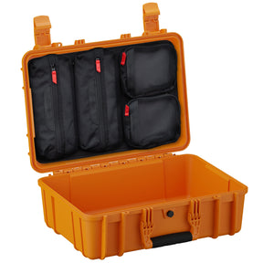 Open bright orange hard-shell protective case, 18 inches, with multiple black zipper pouches organized inside the lid, designed for secure storage and transportation of sensitive equipment.