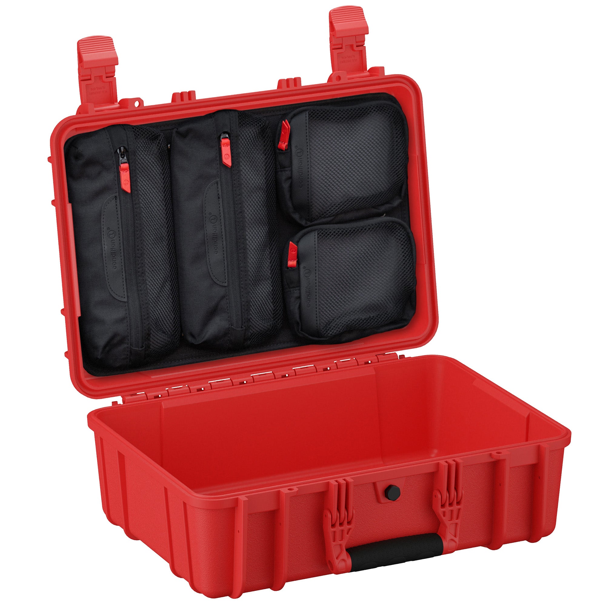 Red 18-inch medium protective case (Case #801) open with view of the interior, featuring organized compartments and zippered mesh pockets inside the lid for storage.