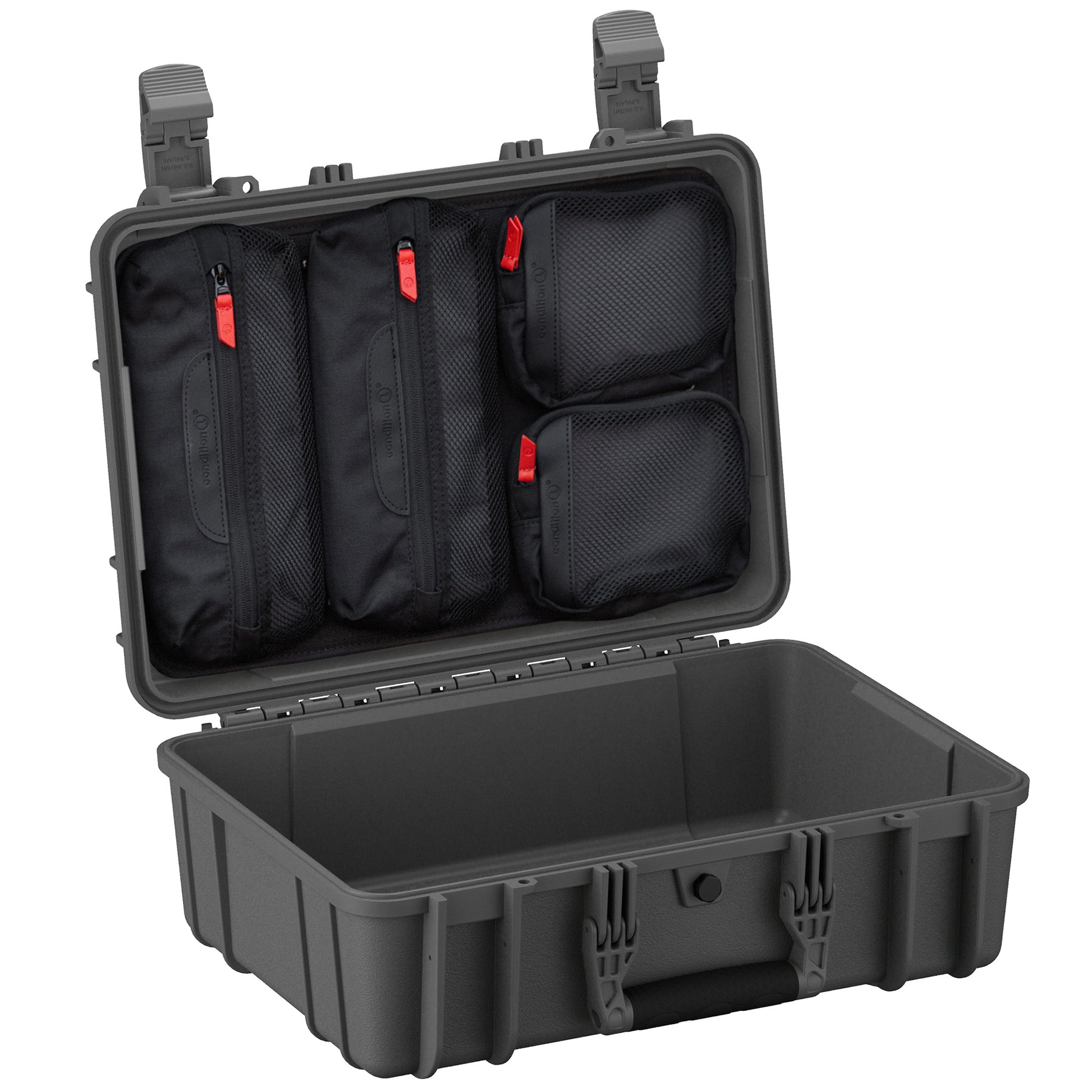 Alt text: "Open 18-inch medium protective case #801 displaying internal zippered organizing pockets on the lid and an empty lower compartment, featuring rugged black exterior with dual locking clasps."