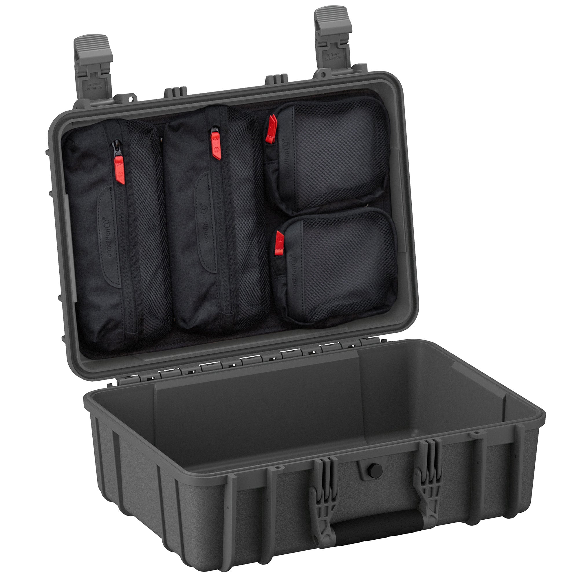 Alt text: "Open 18-inch medium protective case #801 displaying internal zippered organizing pockets on the lid and an empty lower compartment, featuring rugged black exterior with dual locking clasps."