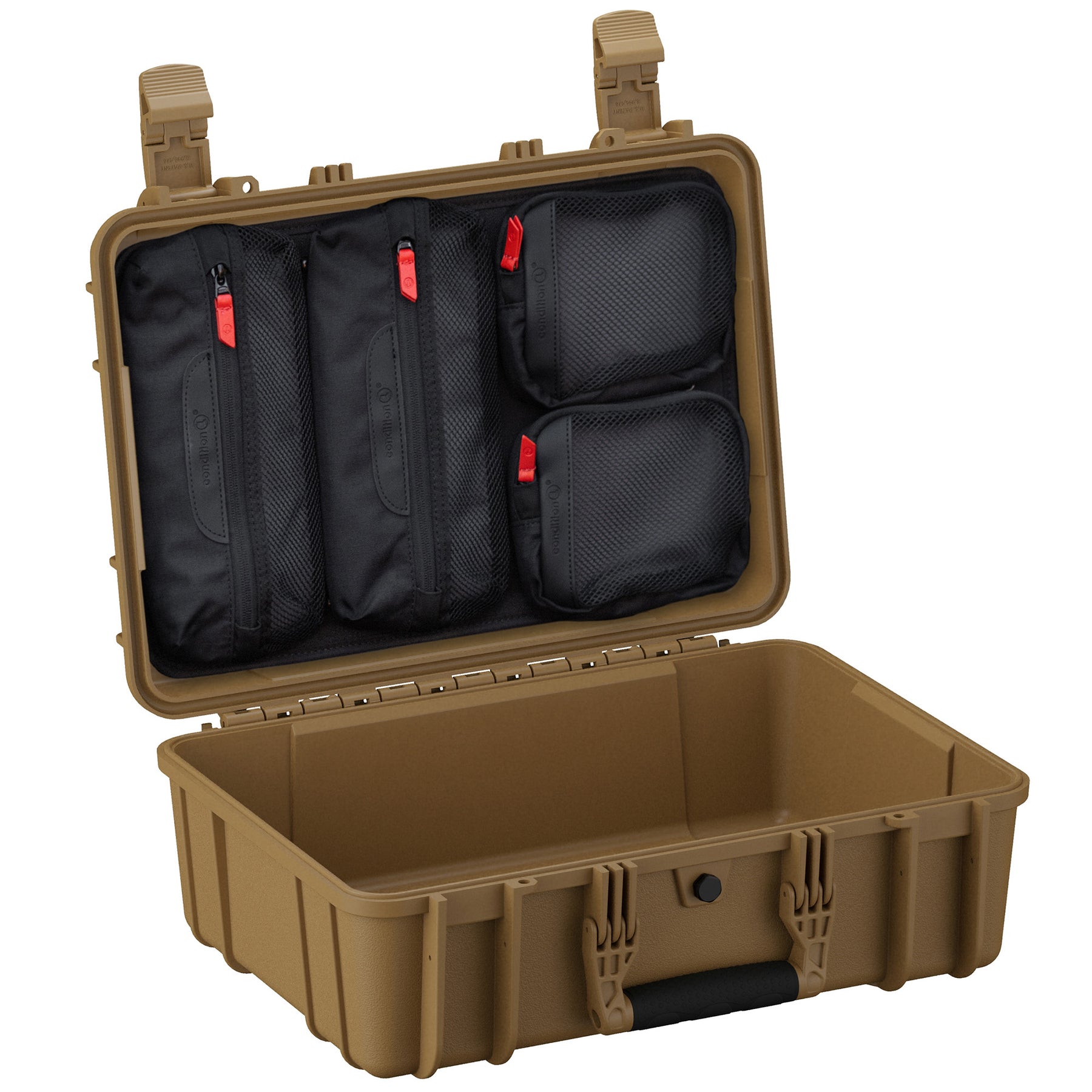 Alt text: An open 18-inch medium-sized protective case in tan color, featuring robust outer shell and lid-integrated organizer panels with multiple zippered compartments, ideal for securing and organizing gadgets and gear.