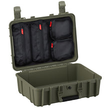 Alt text: Olive green 18" medium-sized hard case (#801) open, showcasing internal organizer pouches with red zipper pulls, designed for secure and orderly storage of items.