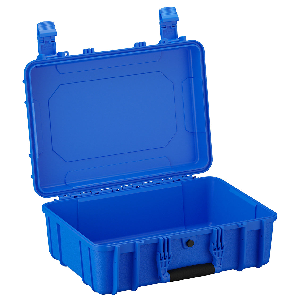 Bright blue, medium-sized protective case, model #801, open to display the empty interior, featuring robust handles and secure, durable clasps on a white background.