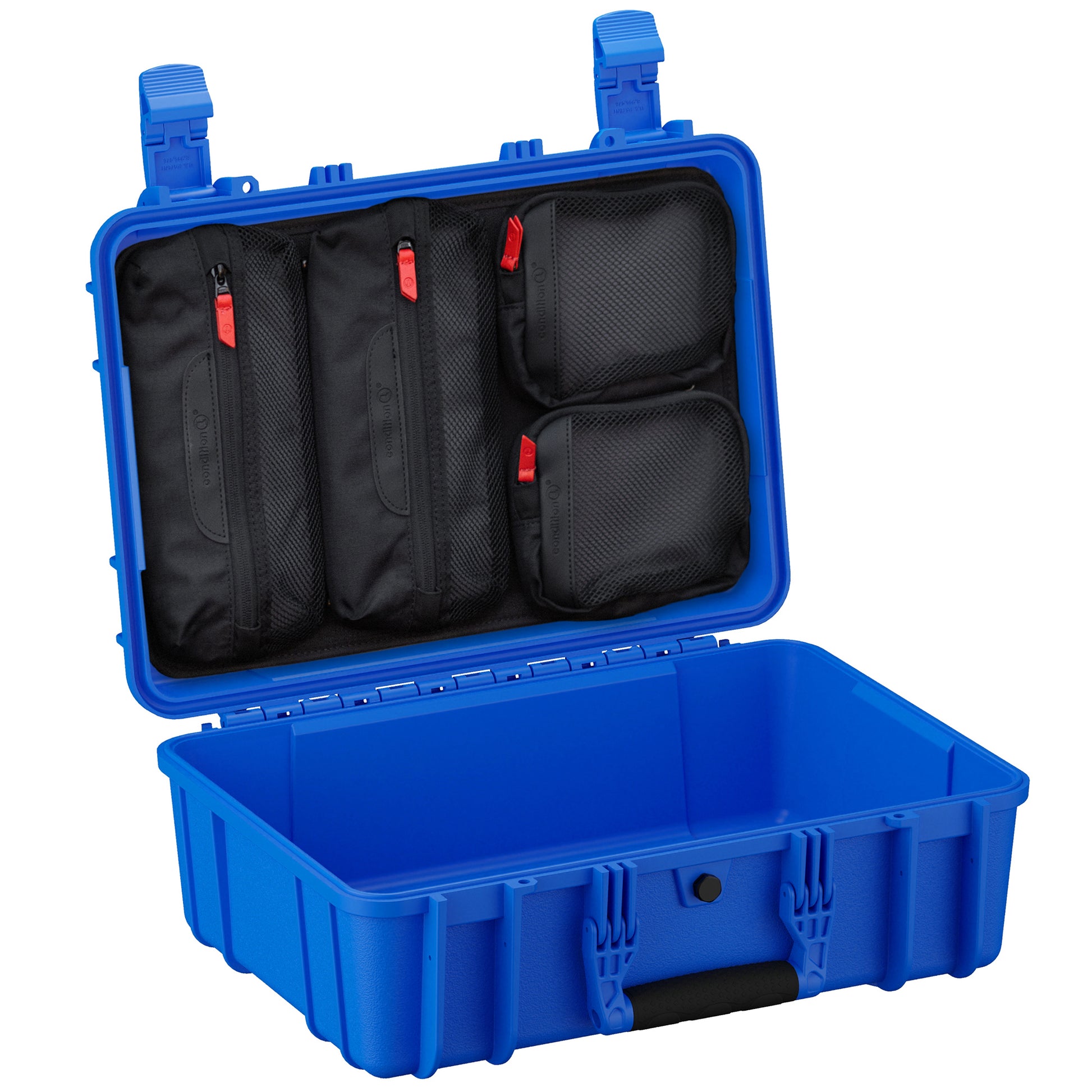 Alt text: "Open 18-inch medium blue protective case, model #801, featuring internal black mesh pockets with red zipper pulls for organization, displayed against a white background."