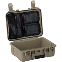 Alt text: "Open 16-inch medium protective case in tan color, displaying internal organization features with mesh compartments, red zipper pulls, and sturdy outer latches."
