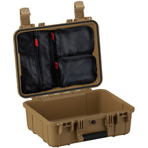 Alt text: Open 16-inch medium-sized rugged case in tan color, featuring internal black mesh pockets with red zippers for organization, and robust dual locking clasps on the exterior.
