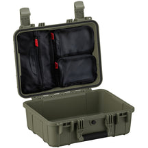 Alt text: "Open 16-inch medium-sized rugged case in army green with lid featuring multiple internal black mesh organizer pouches with red zipper pulls, designed for secure and organized storage."