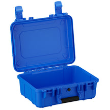 Blue medium-sized hard case open, showing empty interior and sturdy latches with a dimension label of 16 inches.