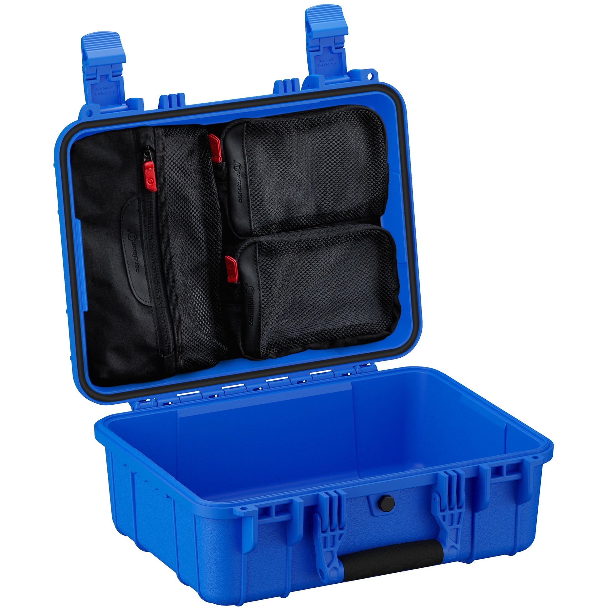 Alt text: "Open 16-inch blue medium hard case, model #179, displaying internal black mesh organizer pockets with red zipper pulls, ideal for secure storage and organization of items."
