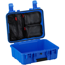 Alt text: "Open 16-inch blue medium hard case, model #179, displaying internal black mesh organizer pockets with red zipper pulls, ideal for secure storage and organization of items."