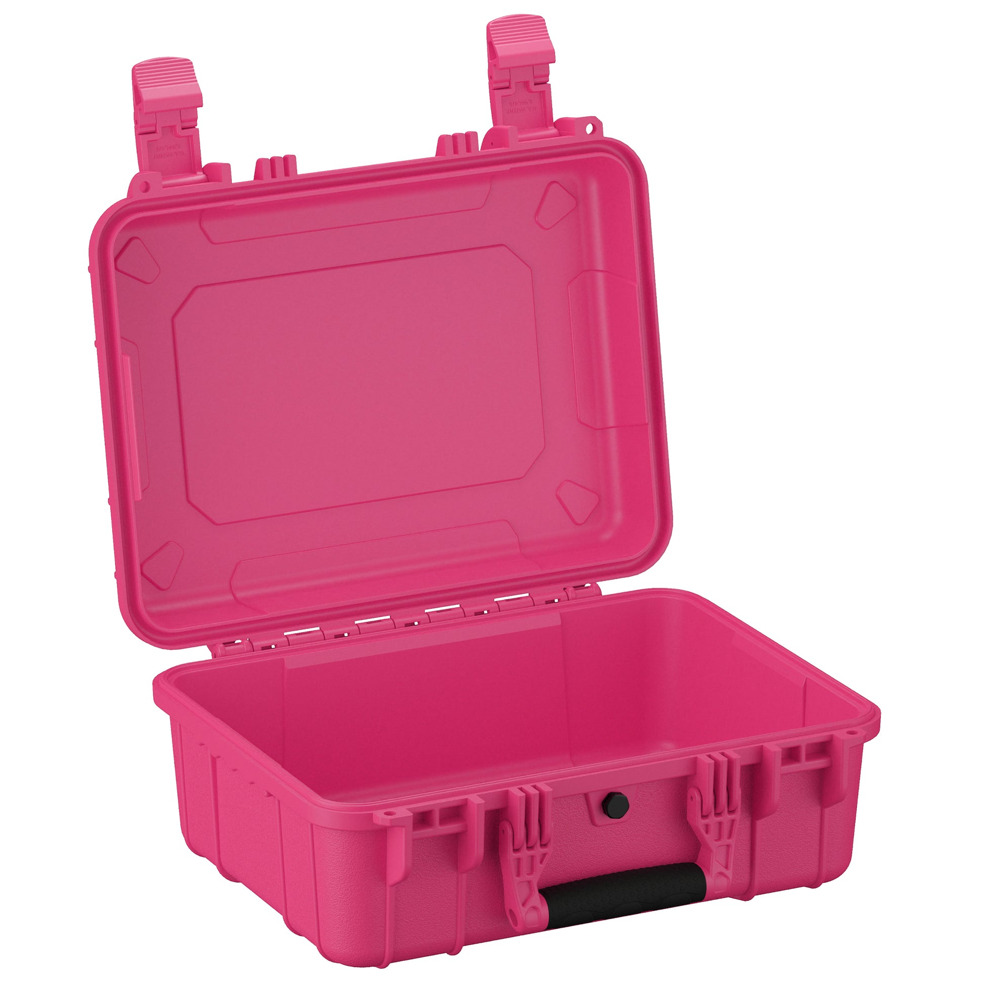 Alt text: "Bright pink, 16-inch medium-sized hard case with the lid open, revealing a deep storage compartment. The case features sturdy latches and a handle, designed for secure and portable storage."