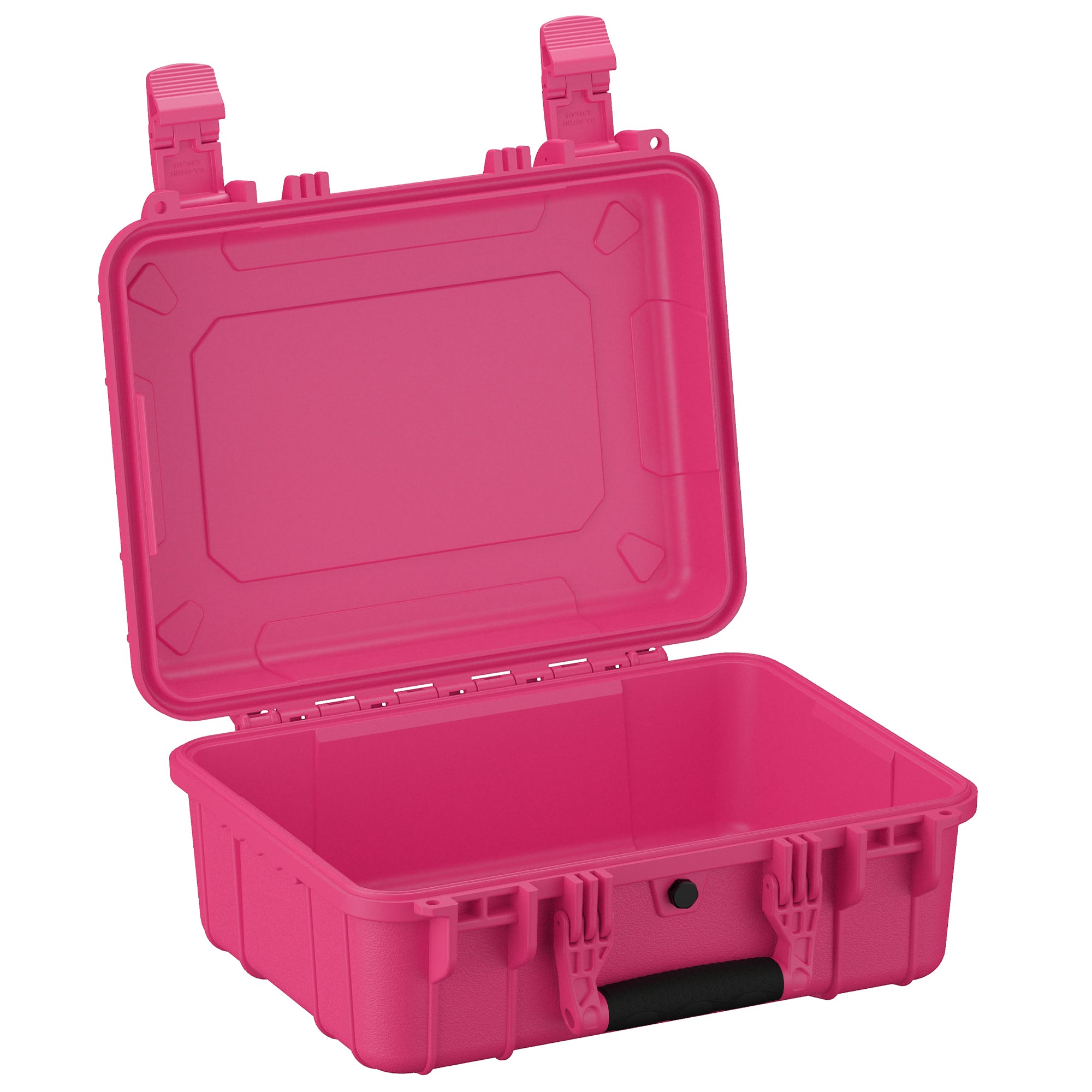 Alt text: "Bright pink, 16-inch medium-sized hard case with the lid open, revealing a deep storage compartment. The case features sturdy latches and a handle, designed for secure and portable storage."