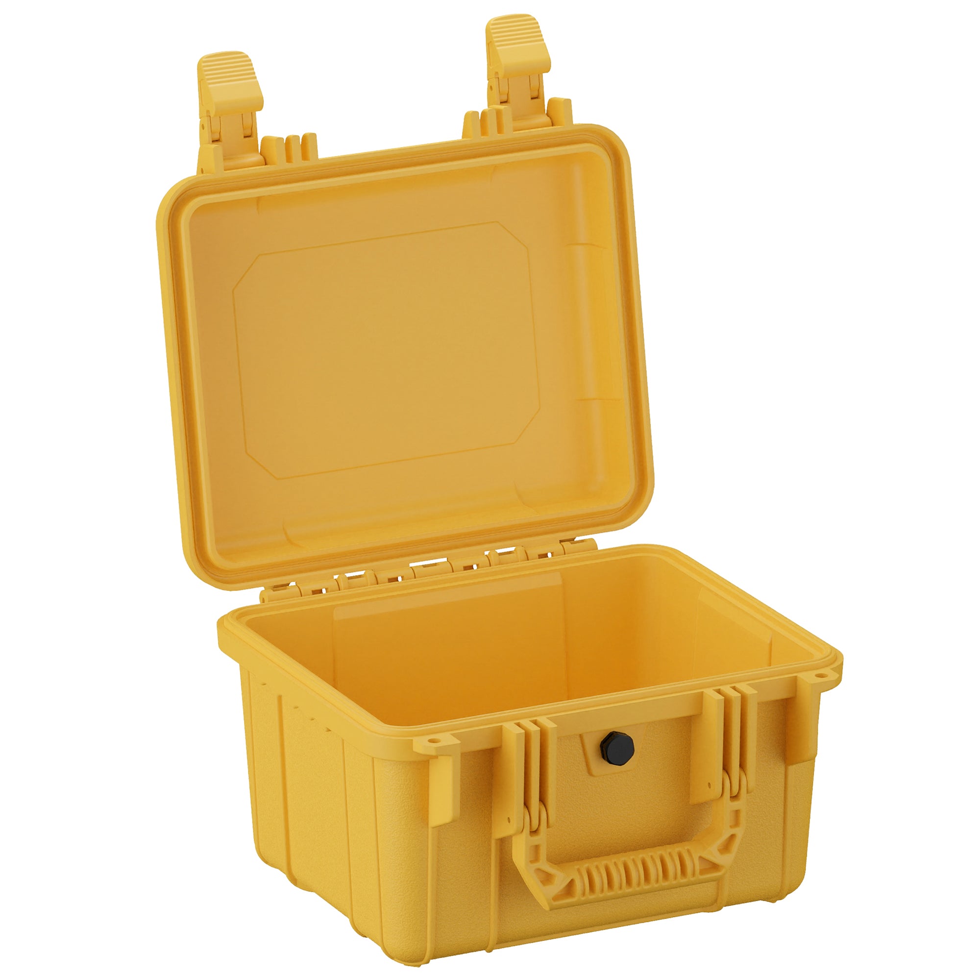 Open yellow 11" small case with a black latch, sturdy handle, and spacious interior for storage or organization.