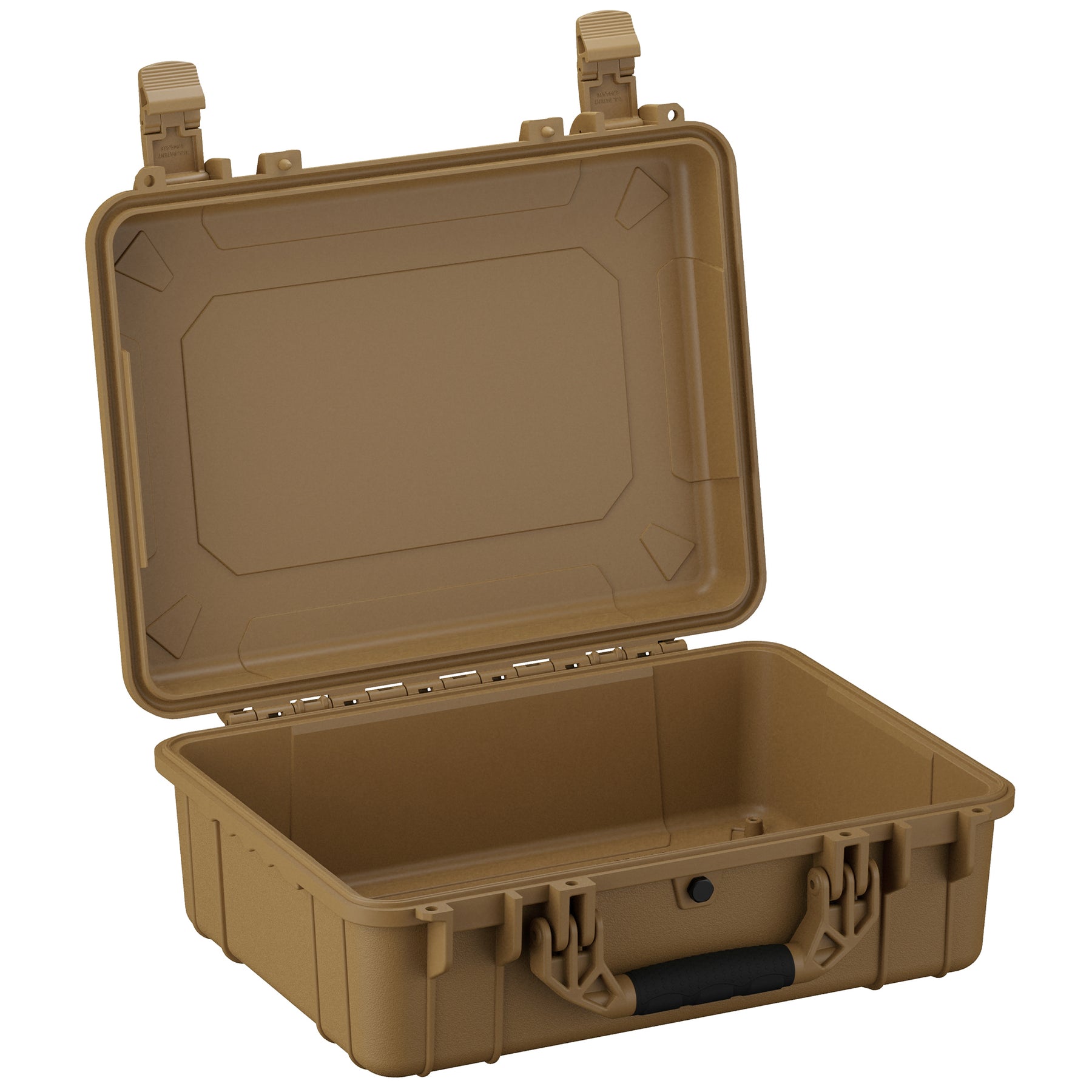 Alt text: "Open large tan protective case, 20 inches, showing rugged design and sturdy latches, model number 227."