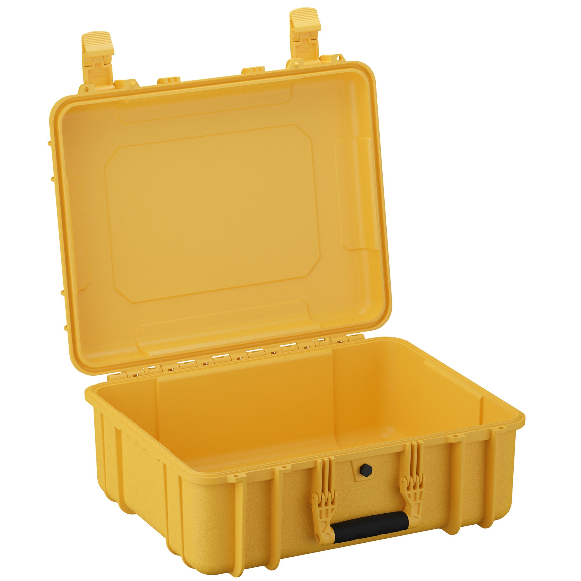 Open yellow 20-inch large protective case with secure latches and black handle, ideal for storage and transport.