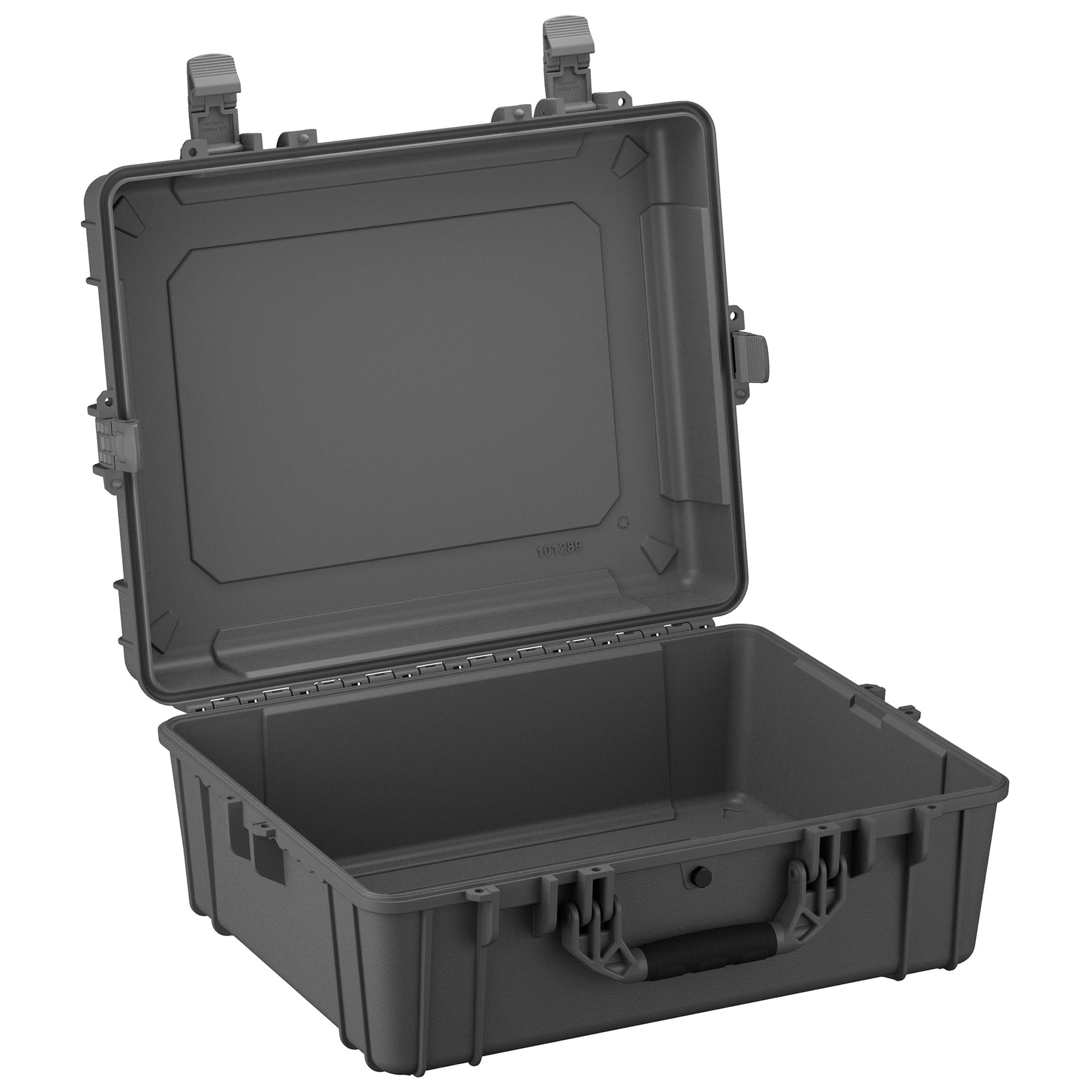 Alt text: "Open large rugged gray protective case, model #289, with durable handles and secure latches, displayed on a white background."