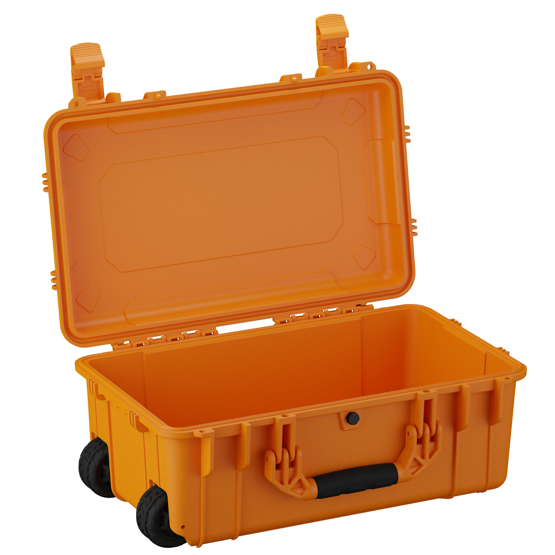 Durable 22-inch waterproof hard case with wheels and secure latches, ideal for protecting gear during transport.