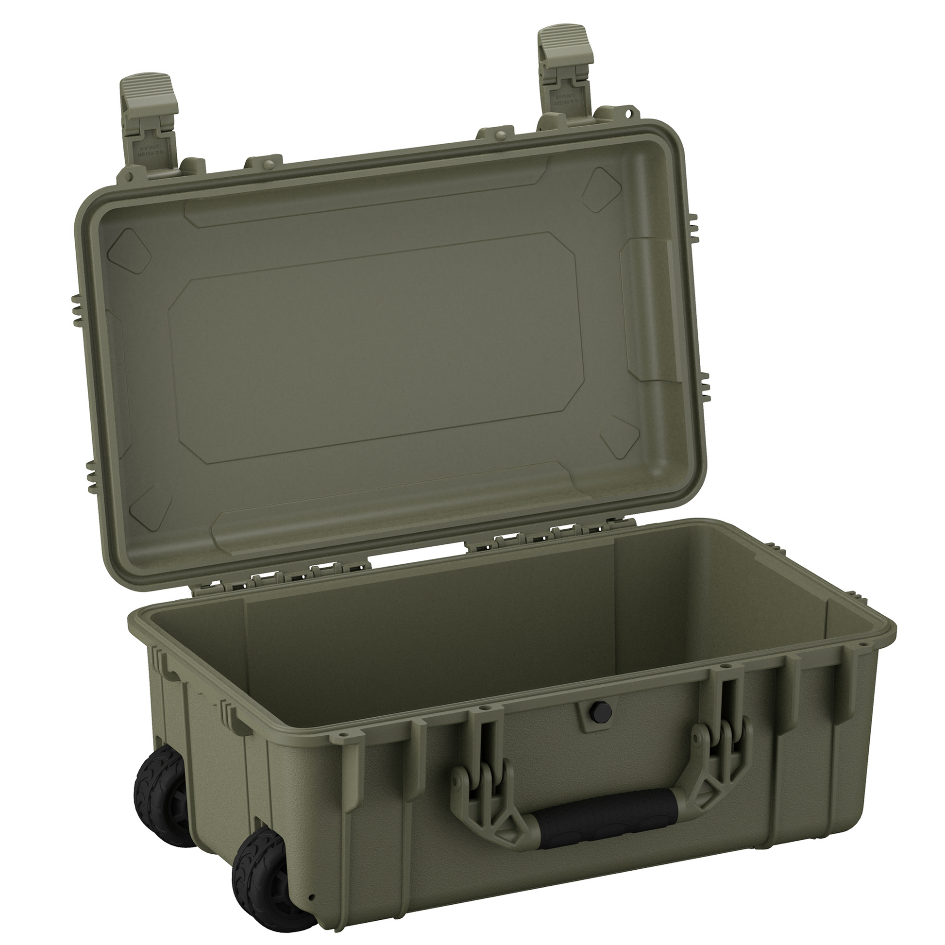 Durable 22-inch waterproof hard case with wheels, designed for secure storage of cameras and electronics.